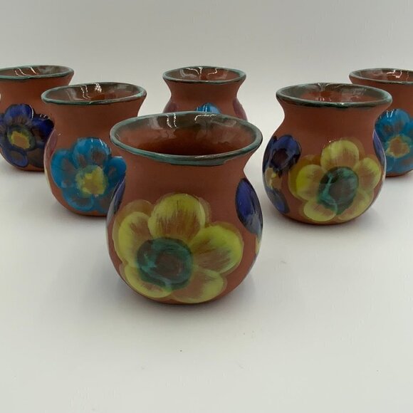 Set of 6 Mexican Clay Pottery Coffee Cup Chocolate Mug Hand Painted Flowers EUC - Picture 2 of 16